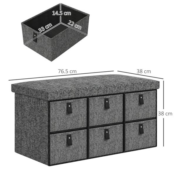 Dark grey shoe storage bench with padded top and six fabric drawers