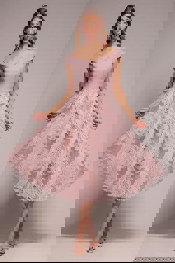 Scuba & Textured Chiffon A Line Midi Dress - Blush Pink DR4549