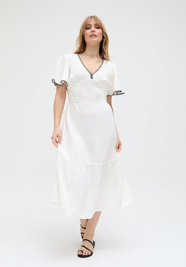 Raffya Delilah V-Neck Front Tie Midi Dress In White