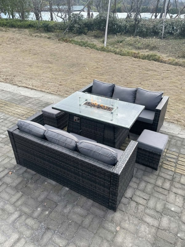 Fimous 8 Seater?Outdoor Rattan Sofa Set Garden Furniture Gas Firepit Set Heater Dining Table Footstools Dark Grey Mixed