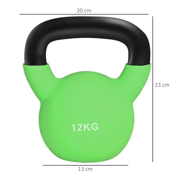 Green 12kg soft kettlebell front view with size dimensions shown