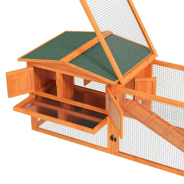 Orange wooden rabbit hutch with ramp, open interior compartments, and wire mesh run