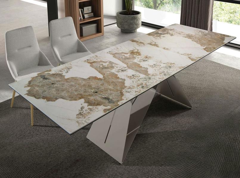 Angel Cerdá Rectangular extending dining table in porcelain marble and taupe grey steel 1114