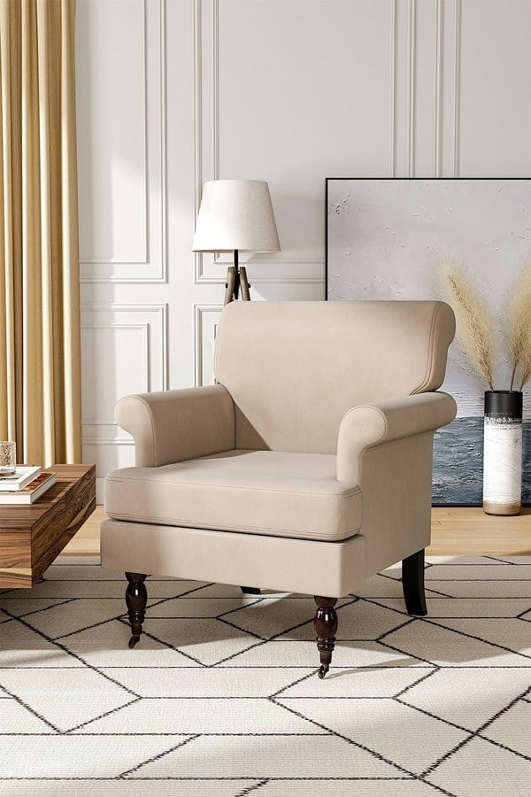 Living and Home Beige Soft Velvet Armchair with Gourd Shaped Castor Legs