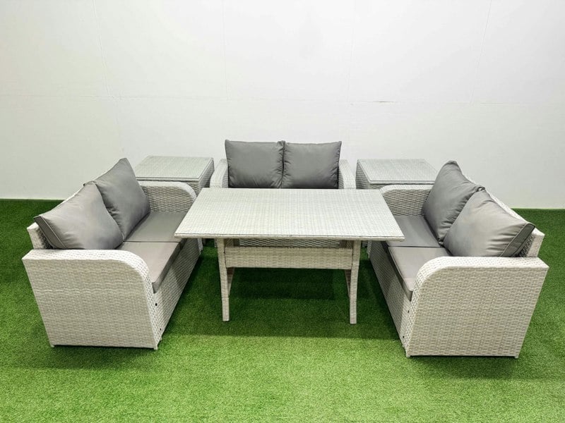 Fimous  6 Seater PE Wicker Rattan Furniture Sofa Sets with Rectangular Dining Table 2 Seater Love Sofa 2 Side Table Light Grey