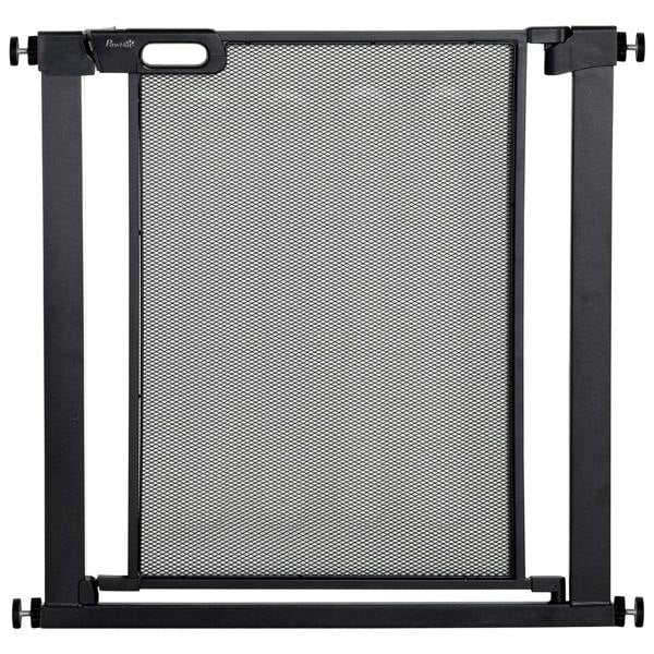 Black dog safety gate with mesh panel and wall-mount frame bars