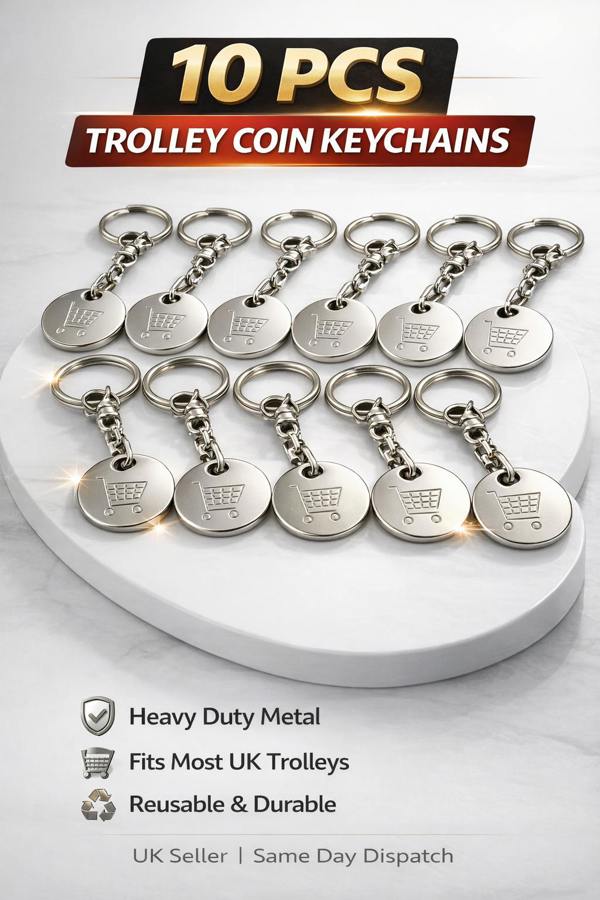 KAV 10 Pieces Trolley Coin Holder Stainless Steel Keyring Set For Both Men & Women - Arrange for Home and Office Keys - Shopping, Trolley Release Key