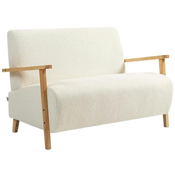 Cream white sherpa 2-seater sofa, cushioned seat and rounded arms with wooden legs
