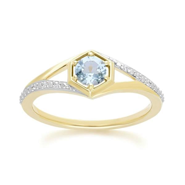 Gemondo Geometric Hexagon with Prong set Round Topaz and Diamond Ring in 9ct Yellow Gold