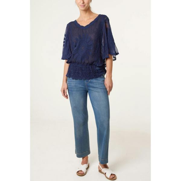 Blue Vanilla Sun Flower Lace Sleeve Blouse