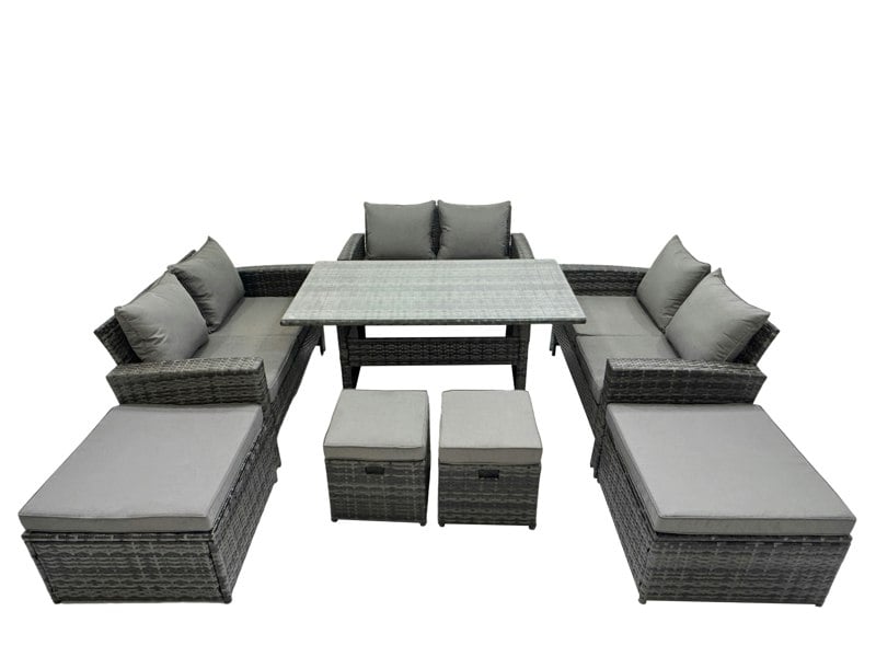 Fimous 10 Seater Wicker PE Rattan Furniture Outdoor Dining Table Double Seat Sofa 4 Stools Set Dark Grey Mixed