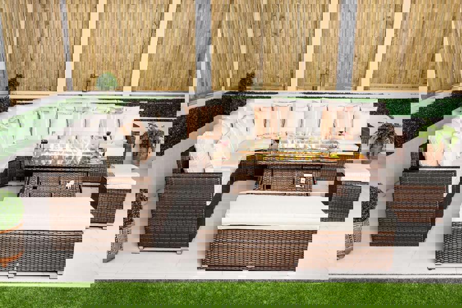 Giardino Santorini 6 Seat Modular Corner Sofa Rattan Garden Furniture Set Outdoor Fire Pit Coffee Table, Bench and Stool