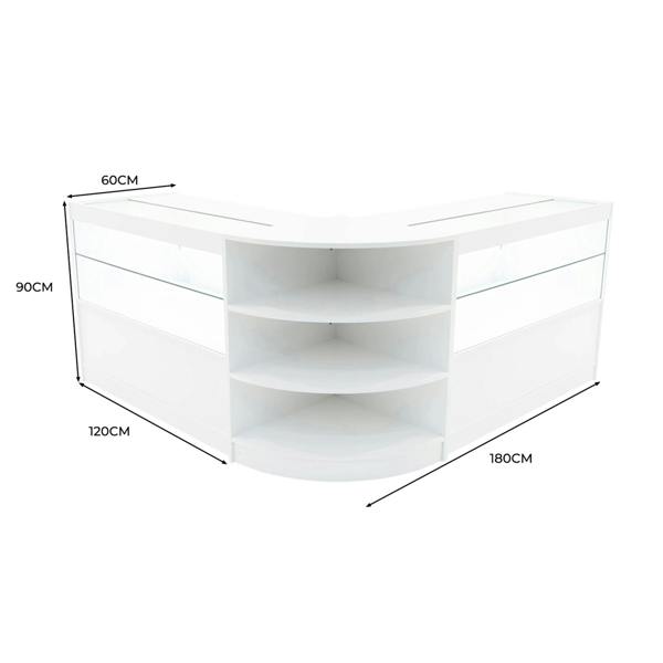Andromeda LED Shop Counter Set in white, featuring a sleek corner design with glass display shelves and modern LED lighting