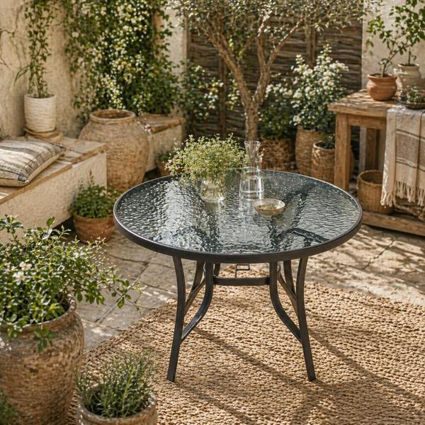 Wyld Haus Momi Steel And Glass Round Garden Dining Table With Parasol Hole