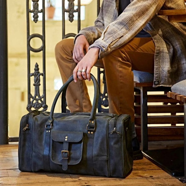 Paper High Black Buffalo Leather Holdall with Zipped Pockets