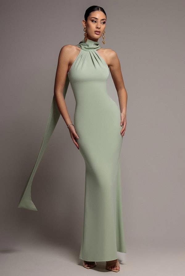 Scuba & Velvet Satin Cape Sleeve Halterneck Maxi Dress - Sage Green DR4973