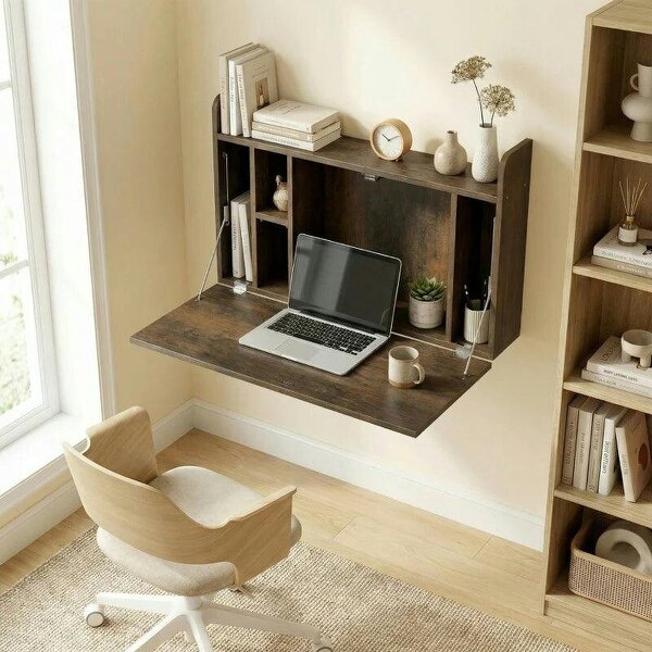 Wall Mounted Desk, Drop Leaf Floating Laptop Desk with Space Saving Storage Compartments for Home Office, Dark Brown - Dark brown