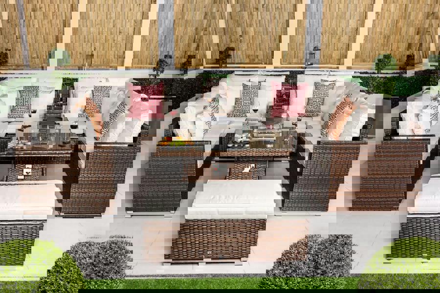 Giardino Havana 8 Seat Modular Sofa Rattan Garden Furniture Set Outdoor Drinks Cooler & Fire Pit Coffee Table, Bench