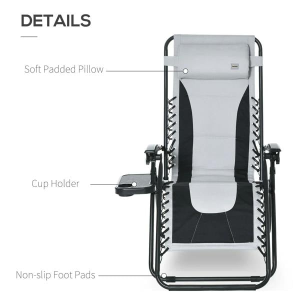 Folding reclining lounger chair detailing: light grey pillow, cup holder, non-slip foot pads