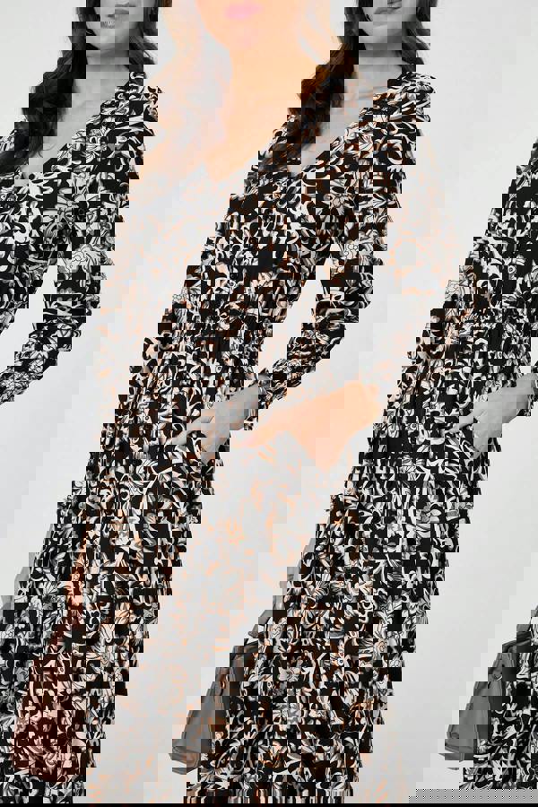 Black | Floral Lace Trim Long Sleeve Maxi Dress