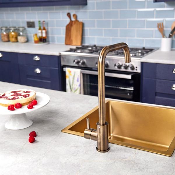 Flode Dellen | Single Lever Kitchen Sink Mixer Tap with Swivel Spout | Square Neck Design | Antique Brass Finish