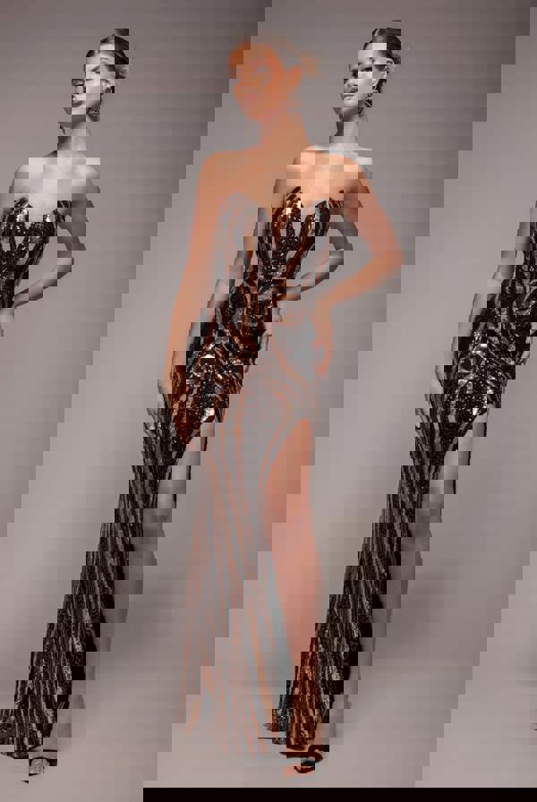 Strapless Multi Sequin Maxi Dress - Bronze DR4566