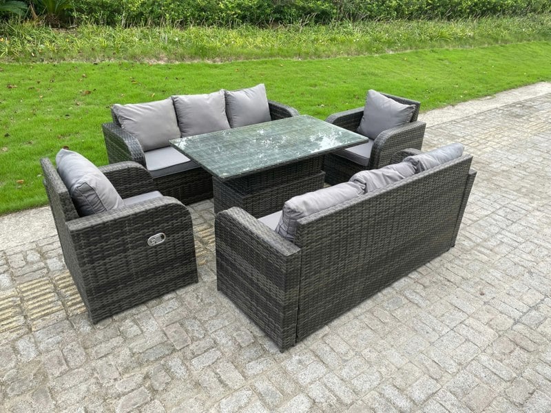 Fimous Outdoor Rattan Garden Furniture Sofa Set Lounge Sofa Dining Table Height Adjustable Rising Lifting Table Reclining Arm Chairs 8 Seater