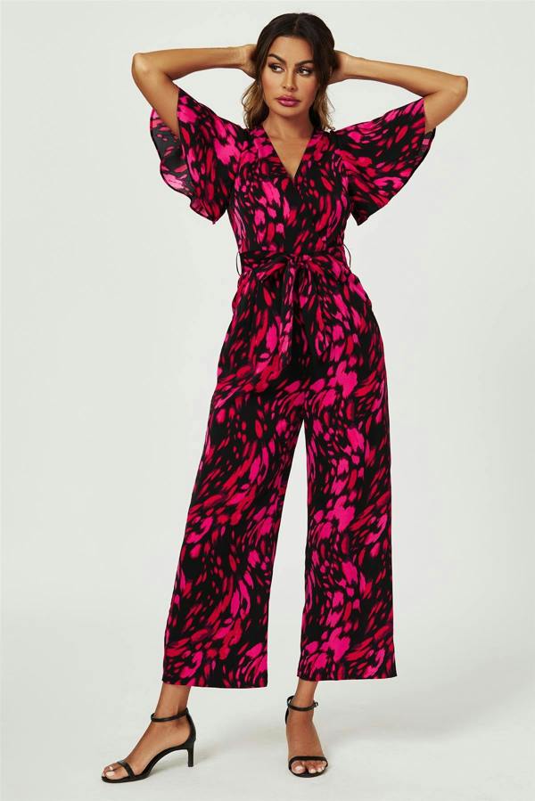 FS Collection Pink Abstract Print Wrap Top Jumpsuit In Black