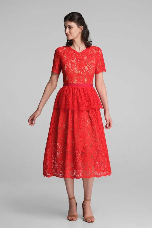 Rumour London Lucia lace midi dress with peplum in scarlet
