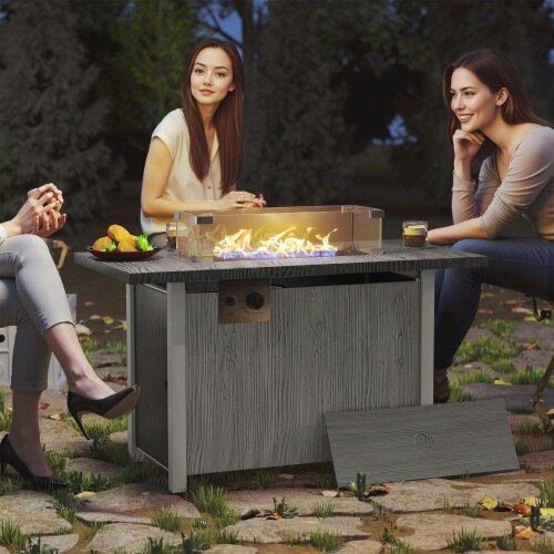 Wyld Haus Luno Rectangular Steel Dark Grey Gas Fire Pit Table With Cover And Glass Screen