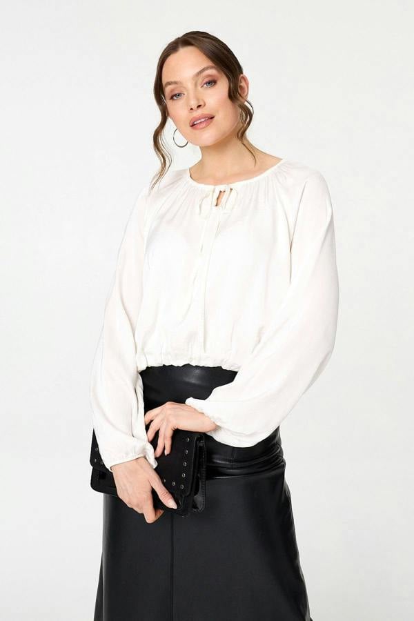 Cream | Tie Front Long Sleeve Bubble Hem Blouse