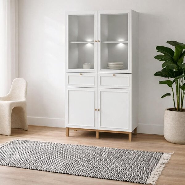 Wyld Haus Niva Light Grey and Natural Oak Effect Display Cabinet with LED Lighting 4 Doors 2 Drawers