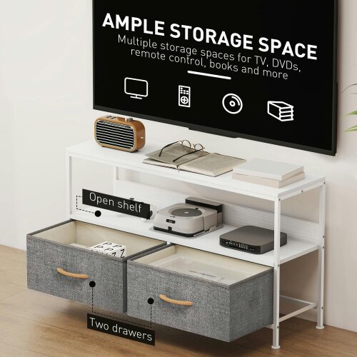 Wyld Haus Avavale 98cm White TV Storage Unit With 2 Fold Down Fabric Drawers