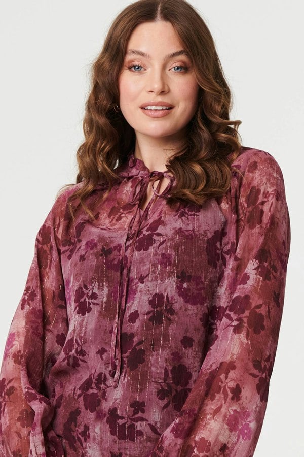 Purple | Floral Semi Sheer Tie Neck Blouse

