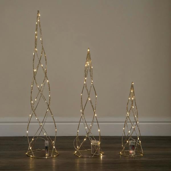 Samuel Alexander Set of 3 Light up Gold Spiral Christmas Tree Decoration with LEDs