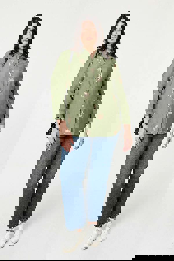 Khaki | Curve Metallic Embroidered Detail Shirt