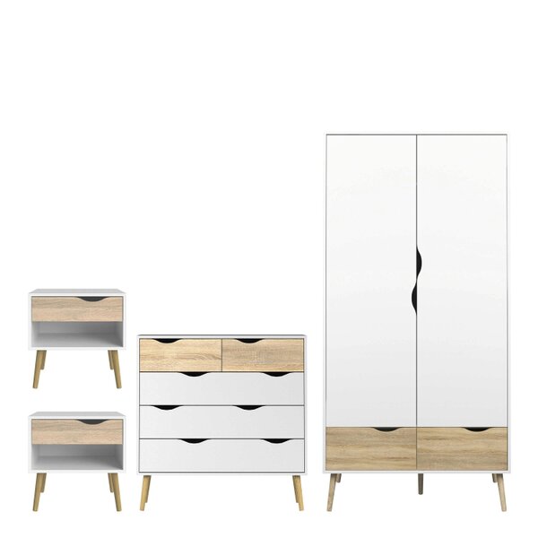 Wyld Haus Sapporo 4 Piece Bedroom Set - Wardrobe + 2 Bedsides Table + Chest of Drawers White and Natural Oak Effect
