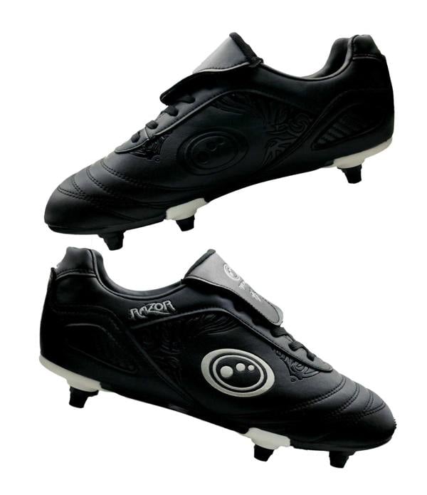 Pair of black Optimum Razor lace-up football boots with silver logo and screw-in studs on white - Optimum