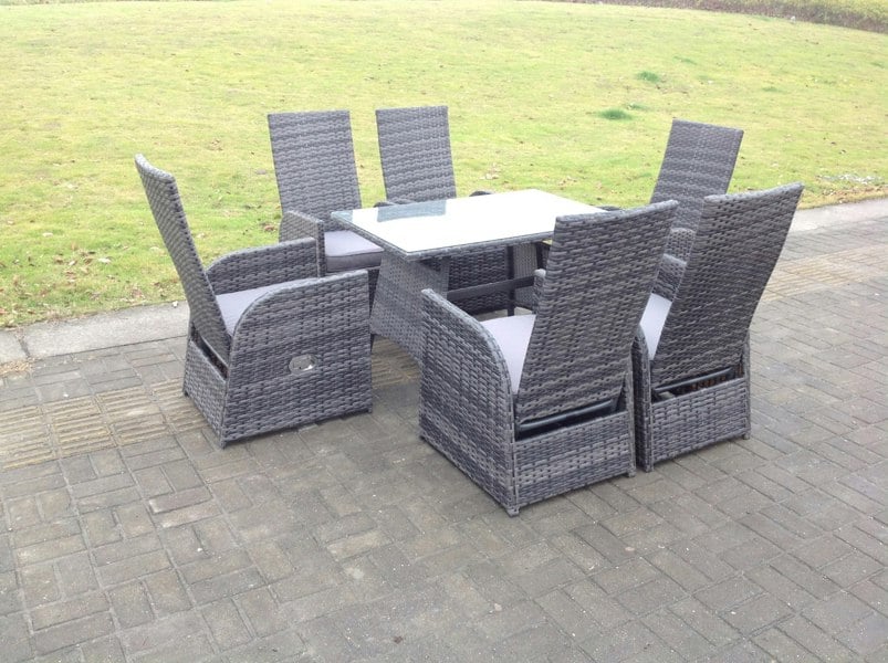 Fimous Oblong Rectangular Table Adjustable Reclining Chair Rattan Dining Set Outdoor Garden Furniture Table And Chair Set Mixed Grey 6 Chairs