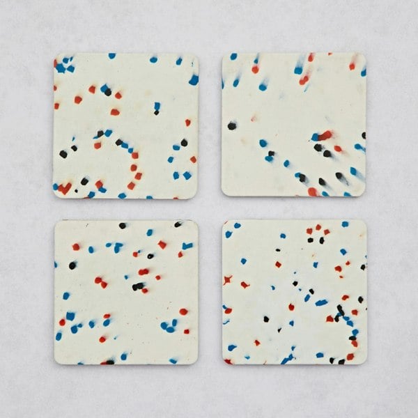 Four Set of 4 Recycled Plastic Square Coasters with red, blue, and white splatters.