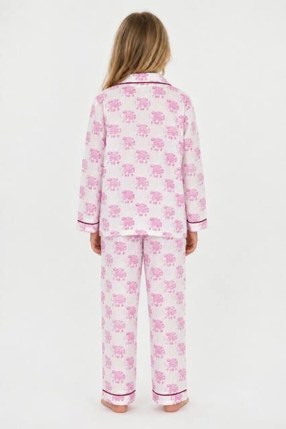 Kids Elephant print pyjamas in woodblock print cotton voile. Available in pink, blue & Green