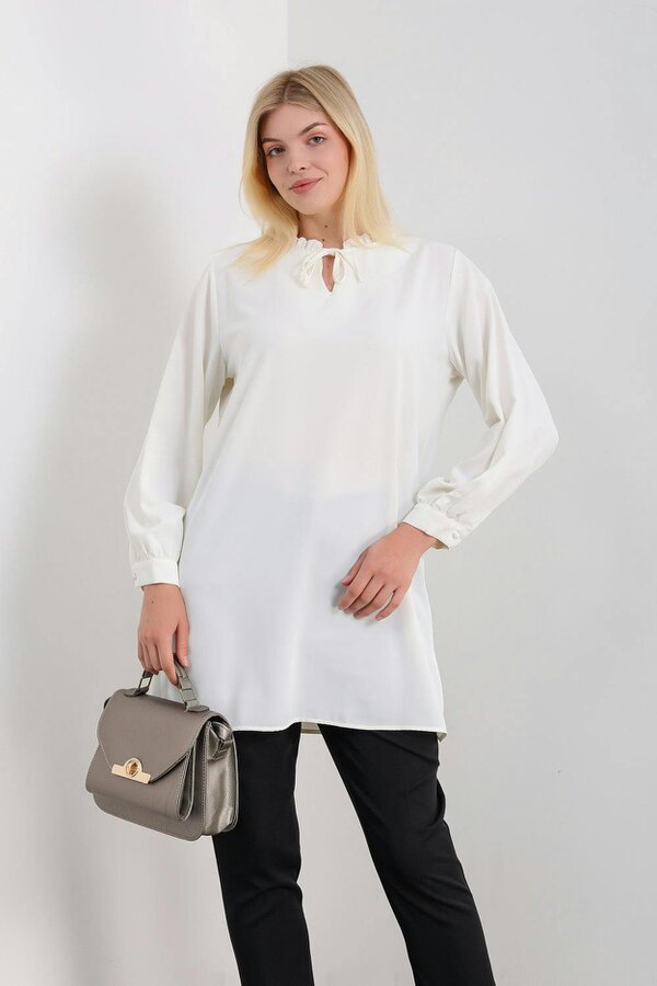 Hoxton Gal Oversized Tunic with Ruffle Neck Detailed in White