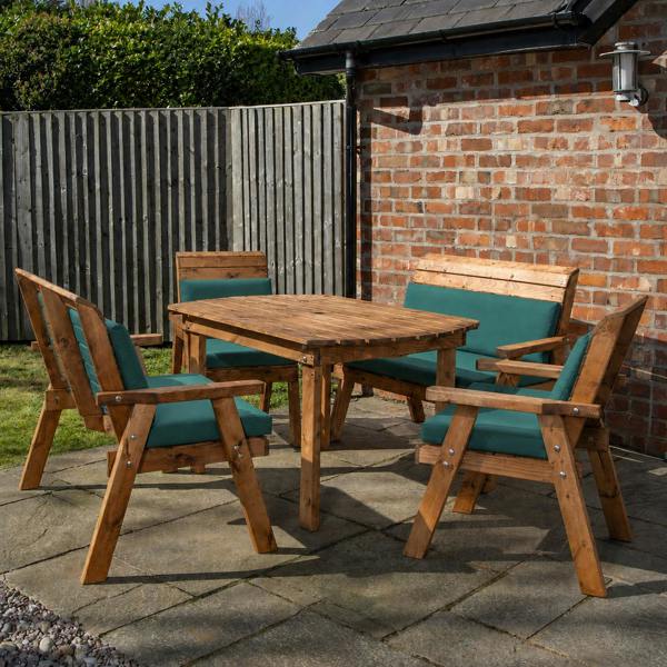 Samuel Alexander Handmade 6 Seater Chunky Rustic Wooden Garden Furniture Set. Table, Chairs & Green Cushions