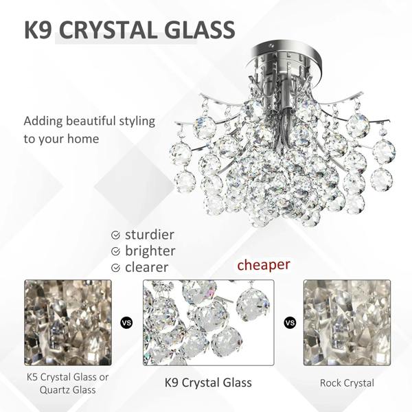 Crystal chandelier ceiling light with clear K9-style glass beads and chrome mount