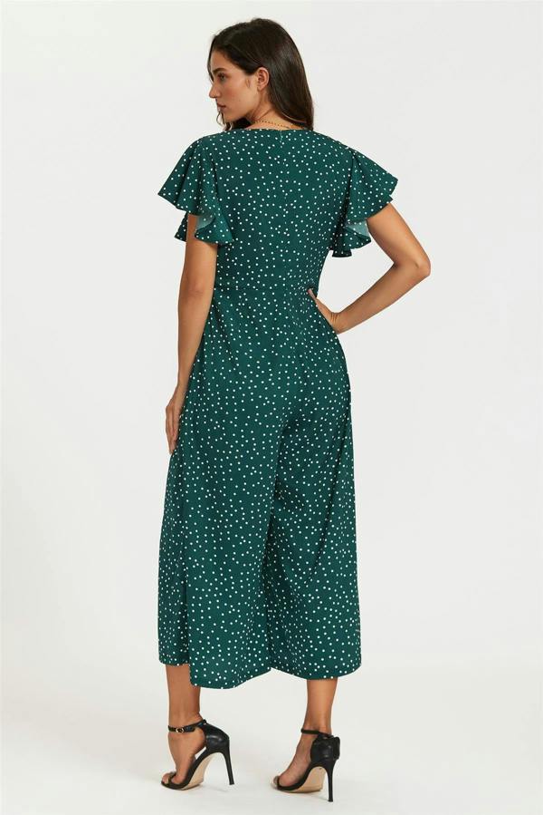 FS Collection Polka Dot Angel Sleeve Twist Jumpsuit In Green