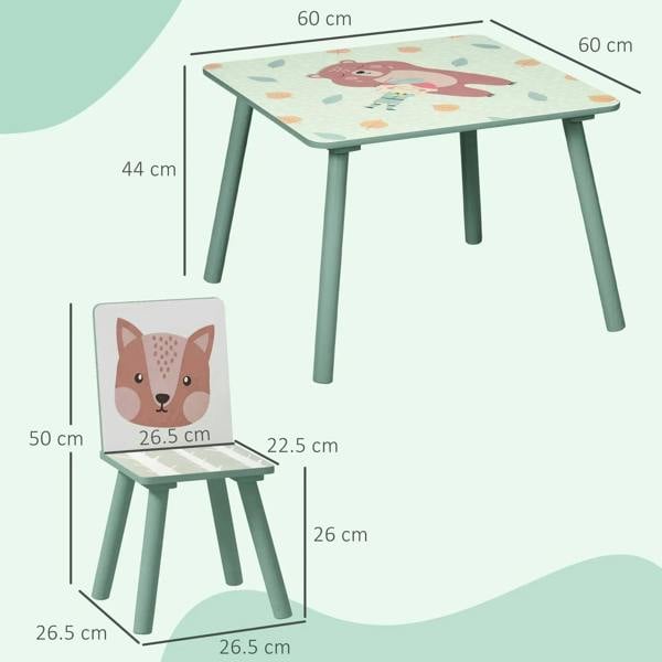 Green kids table and chair set with bear backrest on matching legs