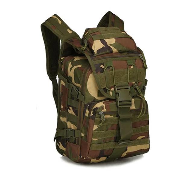 40 Litre Molle Camouflage Backpack in woodland camo with front pouch and strong quick release buckle