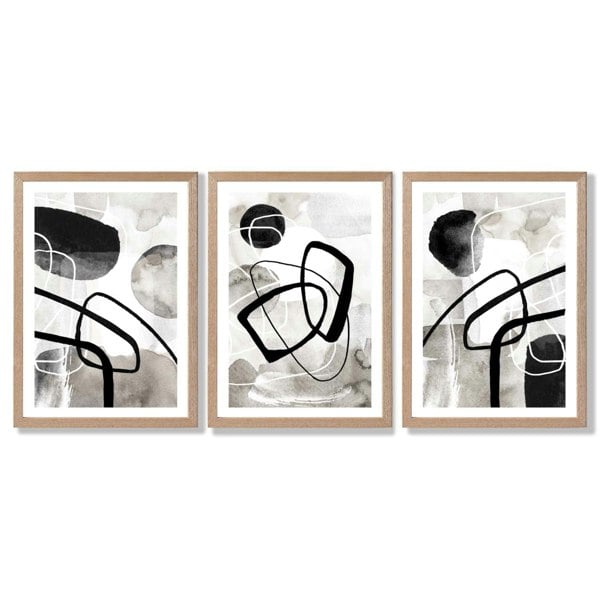 Artze Wall Art Set of 3 Abstract Black Grey Watercolour Framed Wall Art