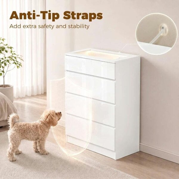 High Gloss 4 Drawer Chest of Drawers with Glass Top and RGB LED Lights, Dresser with Jewelry Organizer, APP Control
