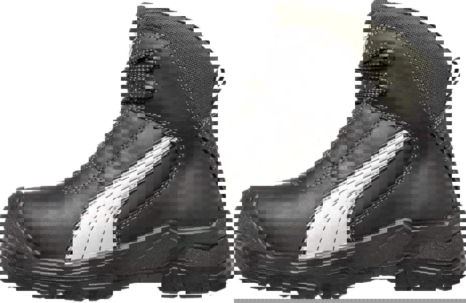 PUMA Safety PUMA Cascades Mid Mens S3 Composite Toe Midsole Work Boots, black and green work boots with white stripe, lace-up design, rugged rubber sole, safety toe cap, and durable leather and textile upper for safety and comfort.
